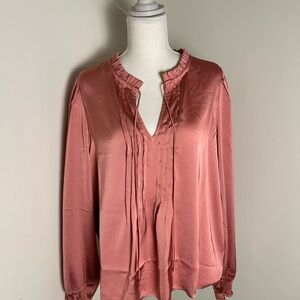 J.Crew Satin Blush Pink Ruffle Neck Blouse Long Sleeve Size L NWT